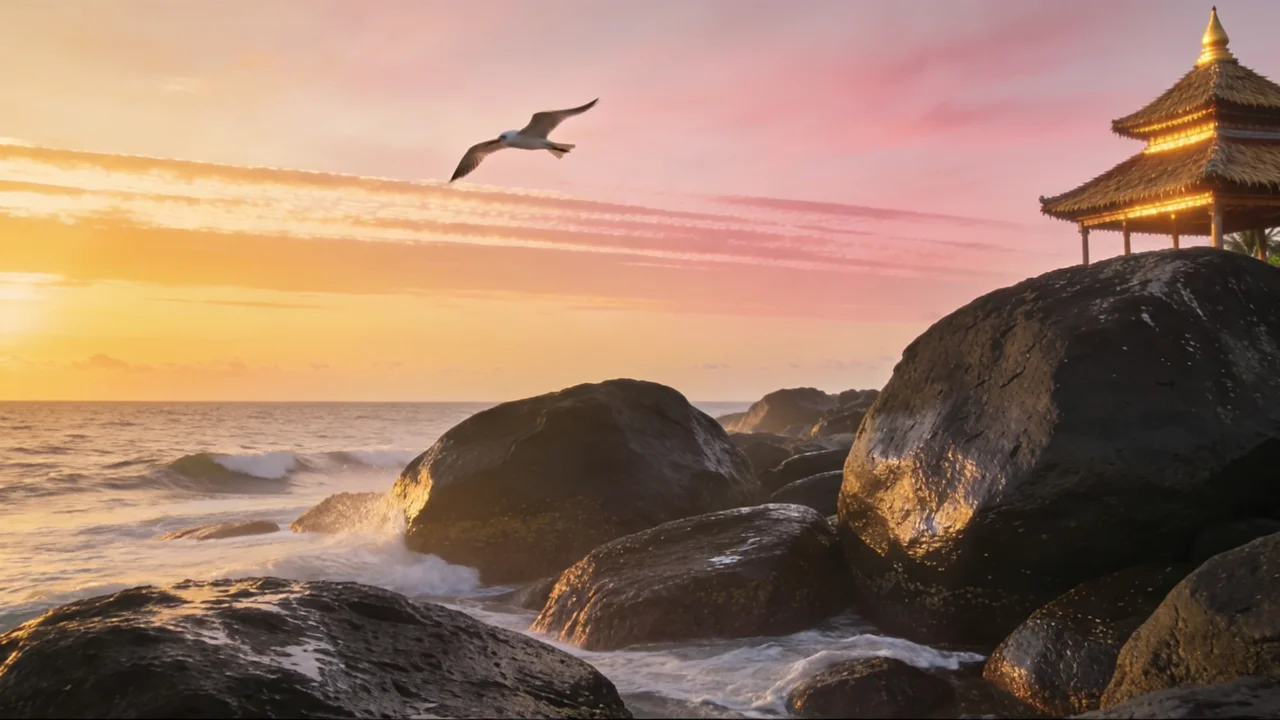 High tide, temple silhouette